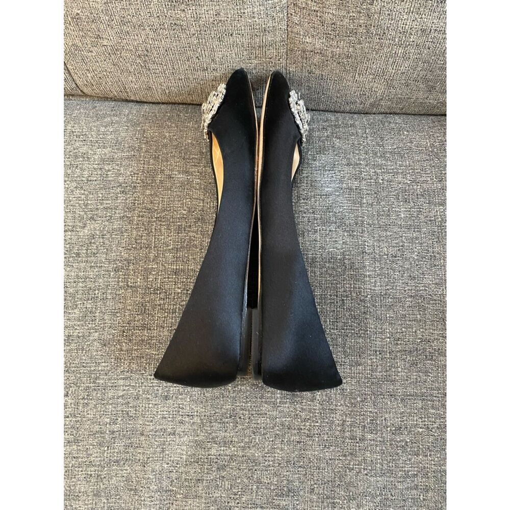 Badgley Mischka Black Satin Pointed Toe Flats with Crystal Medallion Women’s  8 - Picture 7 of 9